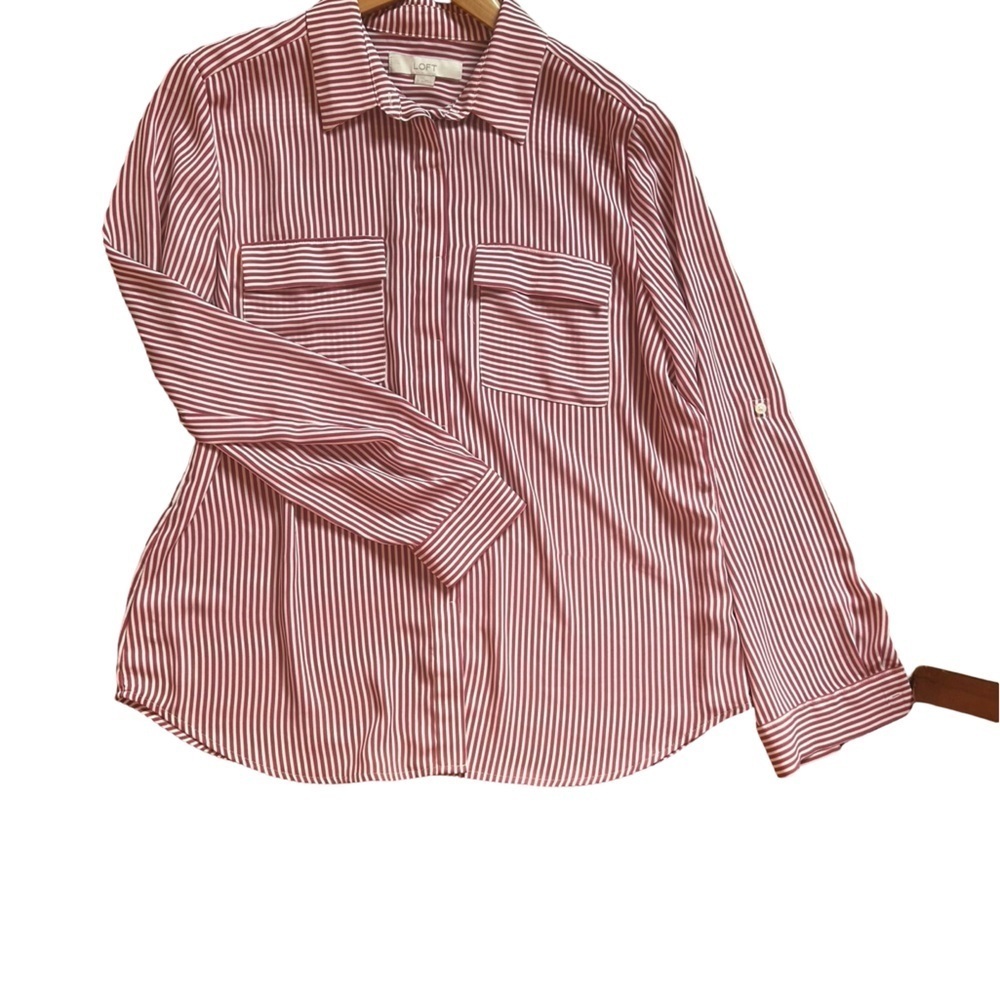 LOFT Women’s Stripped Dress Shirt Maroon and White Size L - Picture 7 of 10